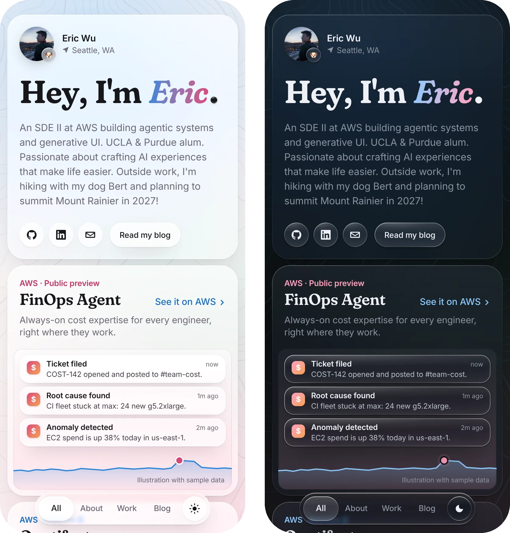 The home page on a phone, in light and dark mode