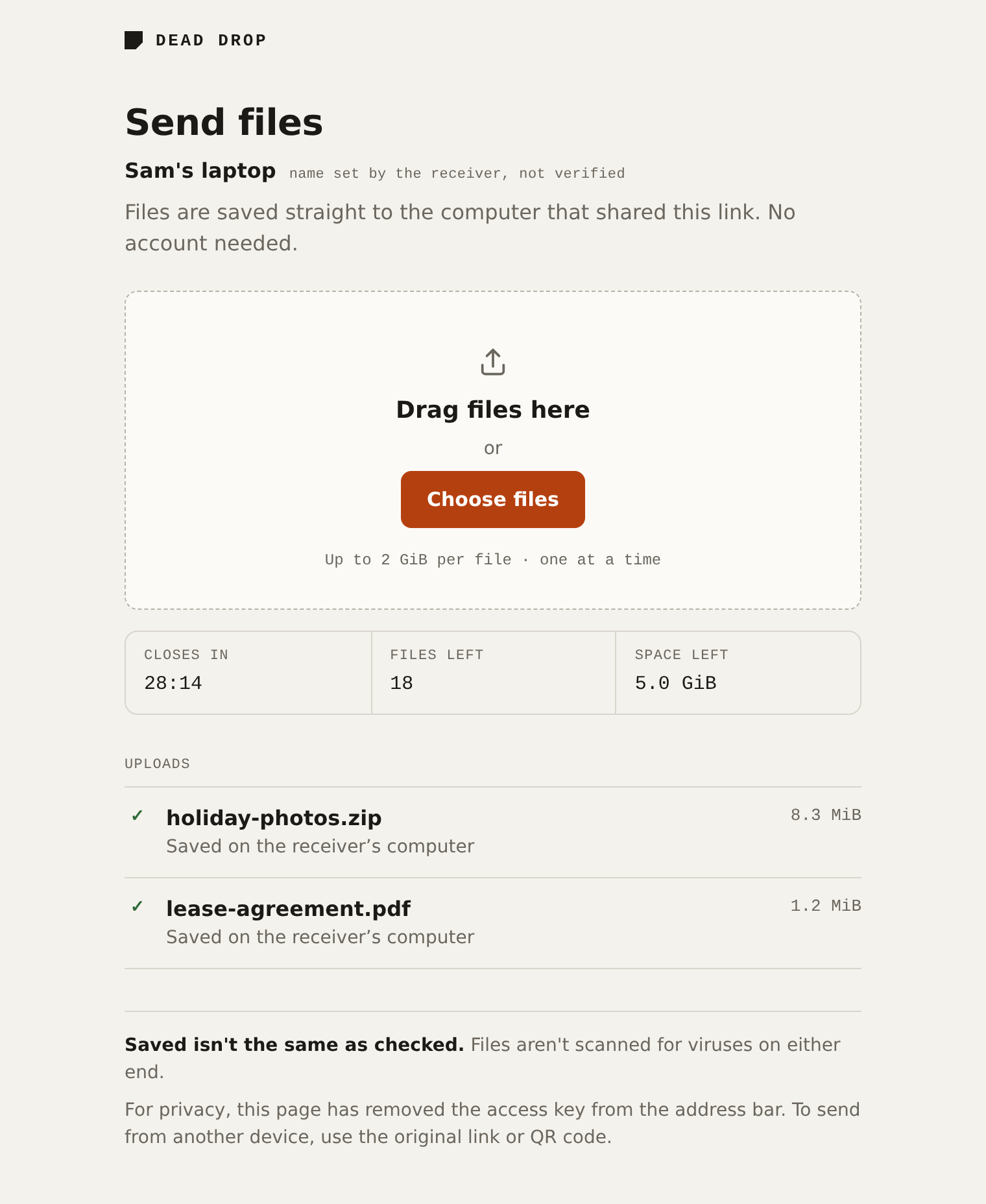 The Dead Drop upload page with two saved files