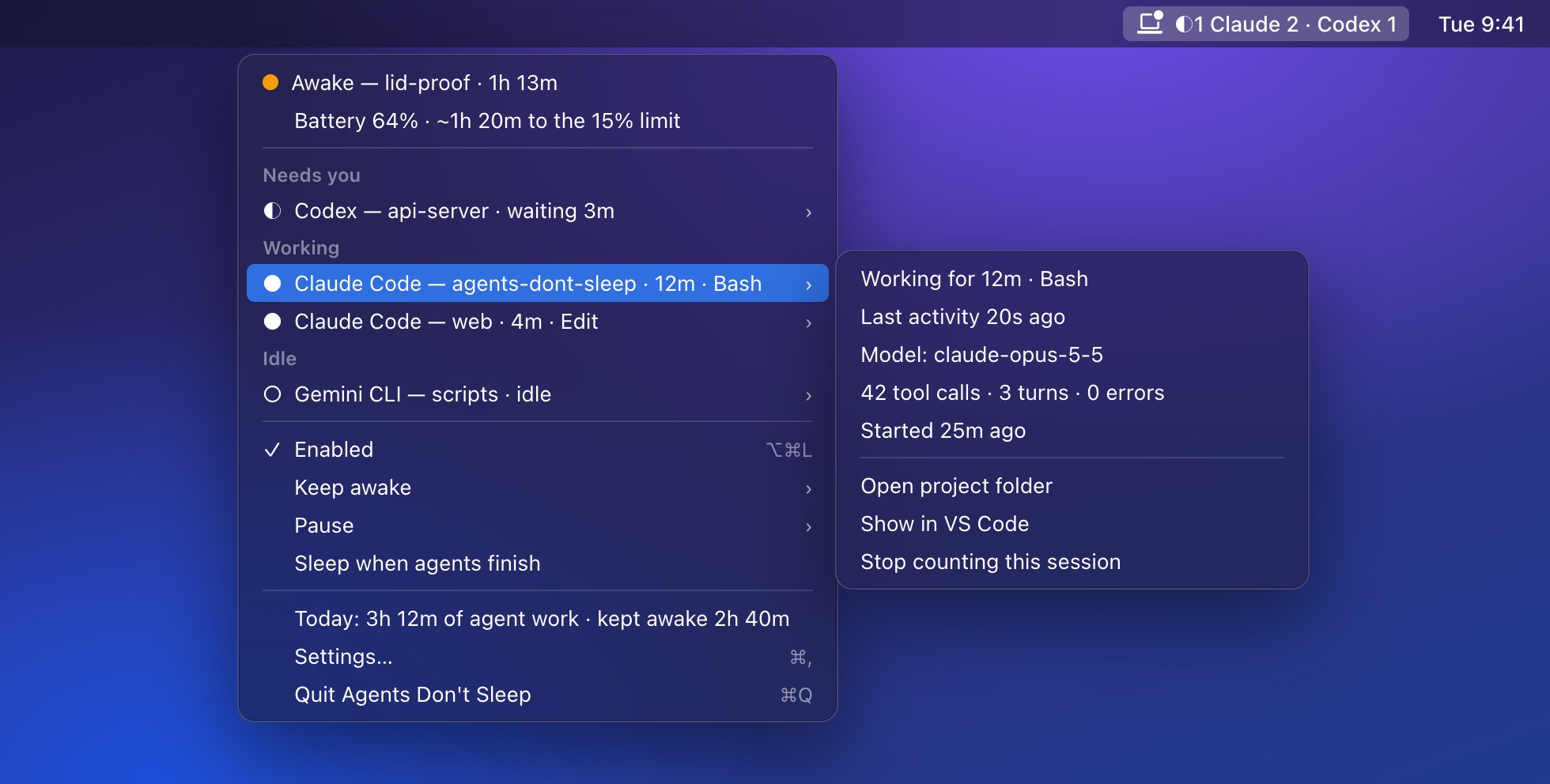 The tray menu: status, battery, sessions grouped by what needs you, and quick controls