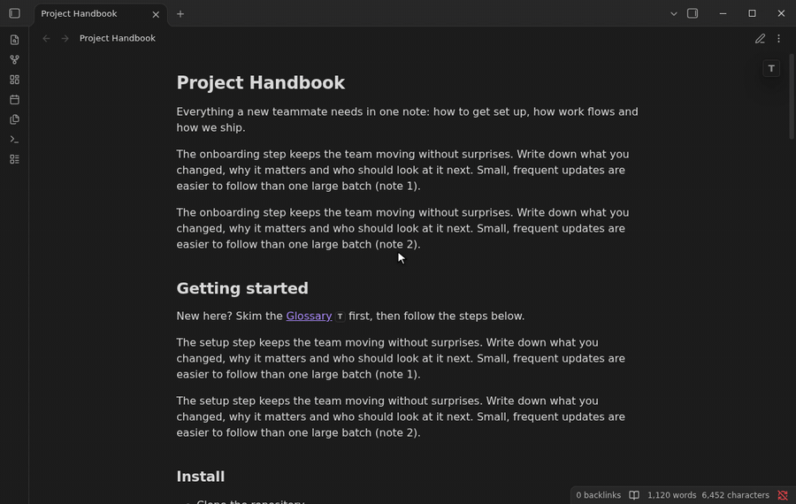 Hovering the T icon shows the table of contents, section previews, linked notes, the T on links in a note and sticky headings