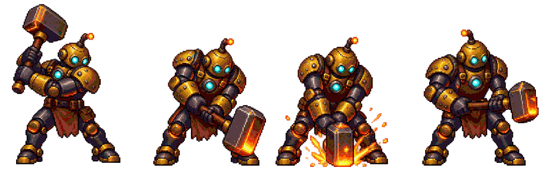 Four-frame blacksmith automaton hammer cycle mapped to one fixed 48-color palette