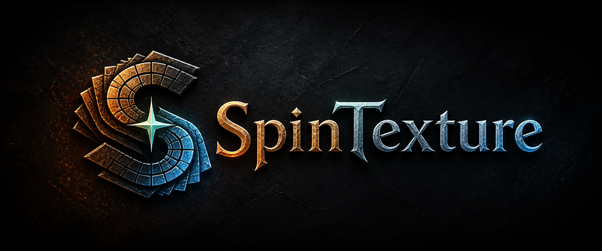 SpinTexture logo in ember gold and frost blue over etched obsidian