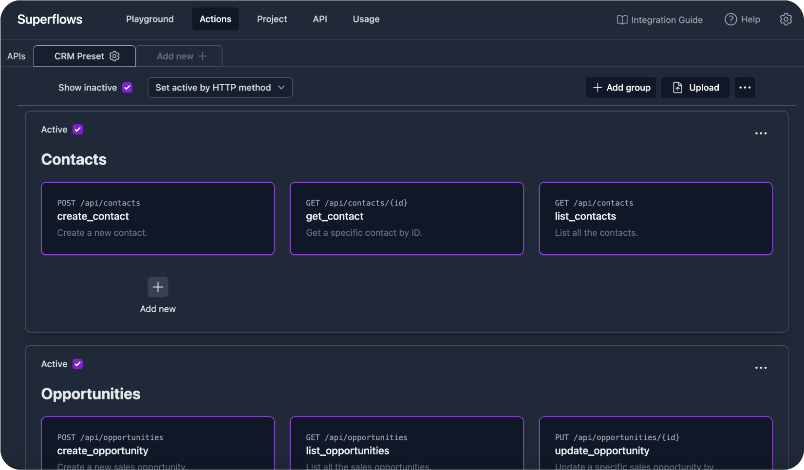 Superflows actions page