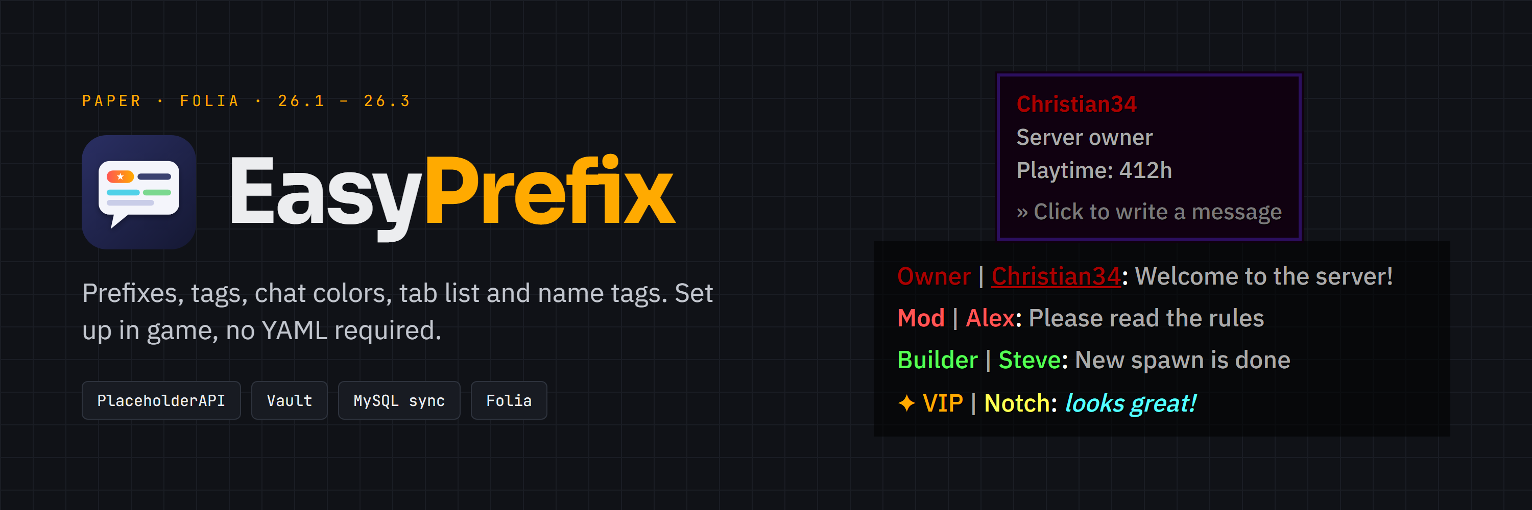 EasyPrefix - prefixes, tags, chat colors, tab list and name tags