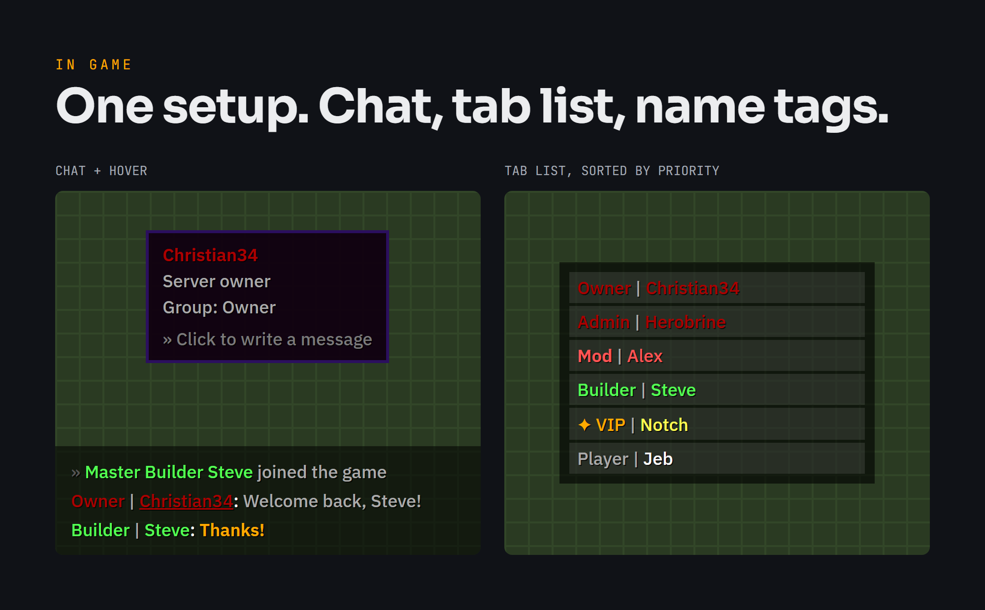 Chat, hover and tab list in game
