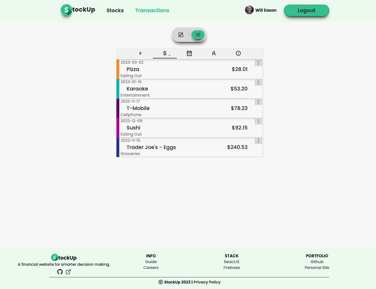 Transaction list and transaction form