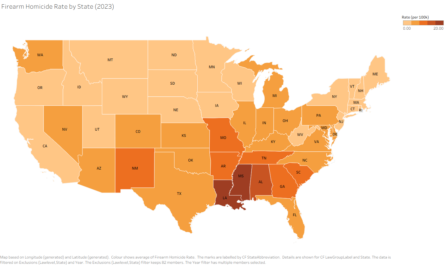 Choropleth map of firearm homicide rate by state