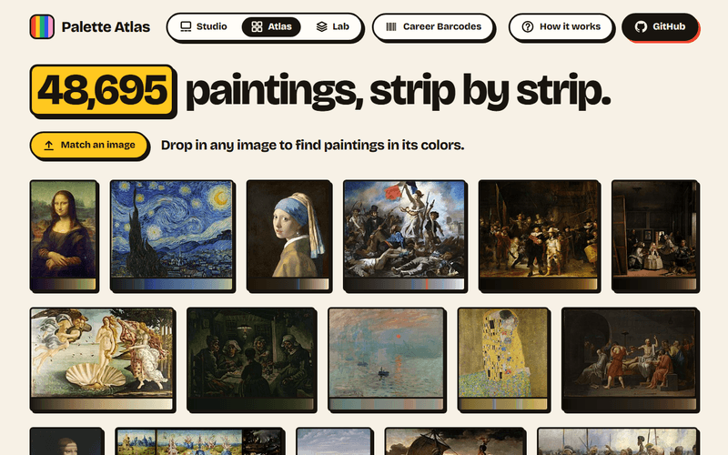 The Atlas: a render of a galaxy dropped on the wall hangs portraits painted against black, nearest its colors first; Rembrandt's portrait of Amalia van Solms opens on its page and is enlarged in a frame