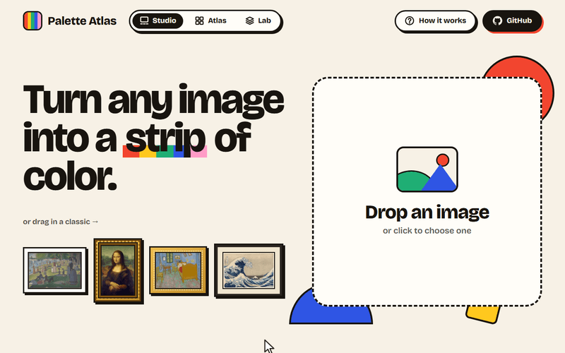 The Studio: the Mona Lisa, dragged in from the sample wall, becomes a strip of color, read by color, along a Hilbert curve and from the center out; each stripe pointed at lights up the pixels it came from