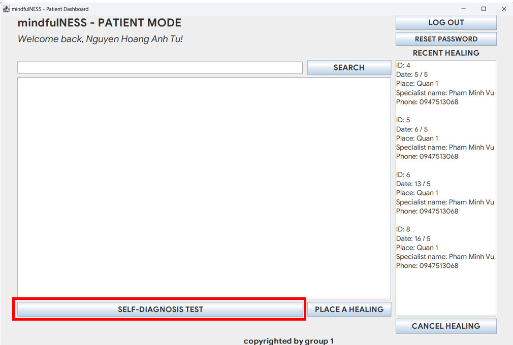 Take test in Patient Dashboard