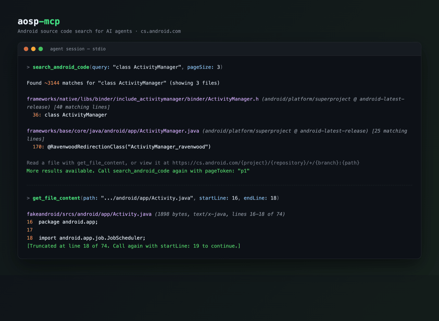 aosp-mcp example output