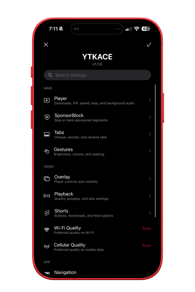 YTKACE settings