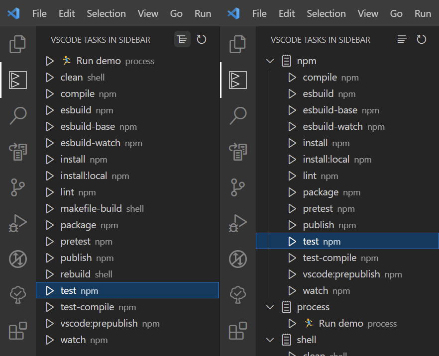 VSCode tasks in sidebar