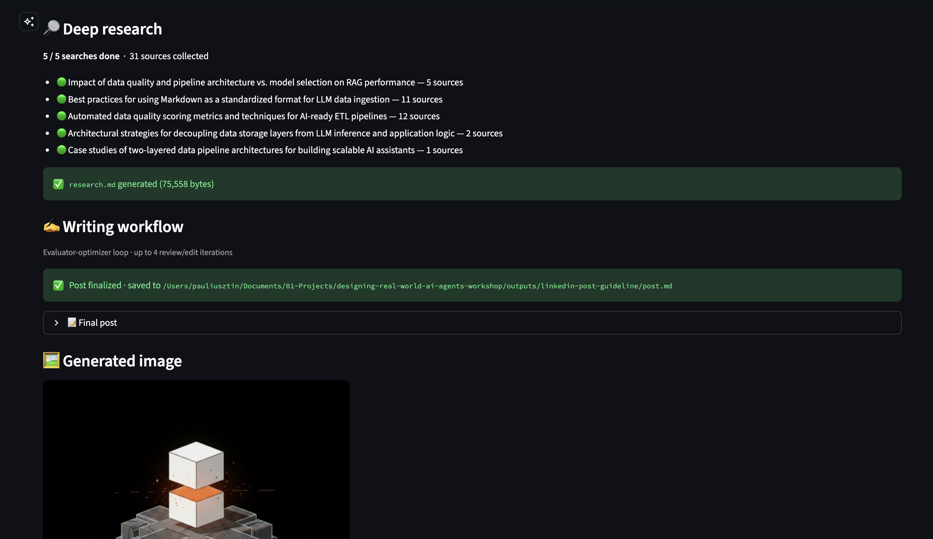 Streamlit UI showing live deep-research progress, the writing workflow's evaluator-optimizer loop, and the generated image