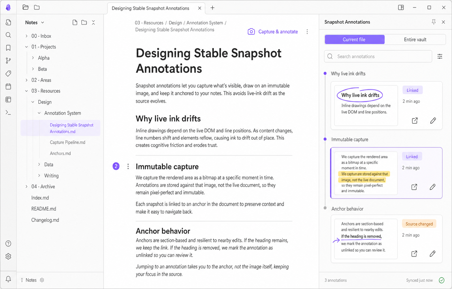 Current-file annotations and Snapshot cards