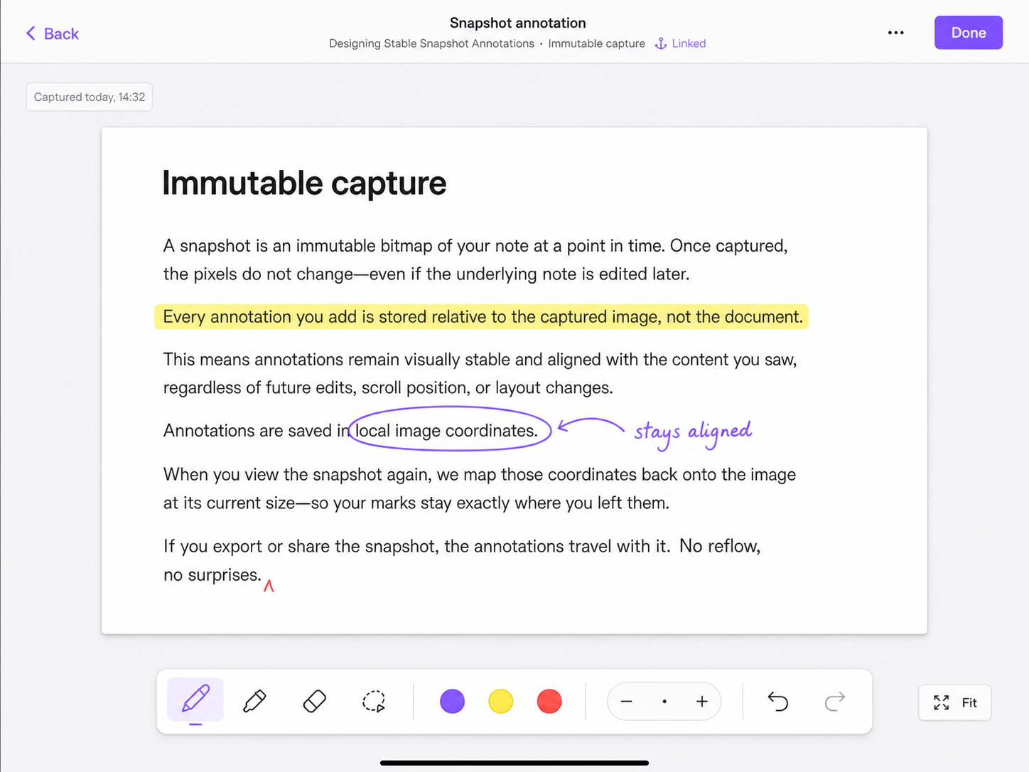 Snapshot editor with touch-friendly Ink controls