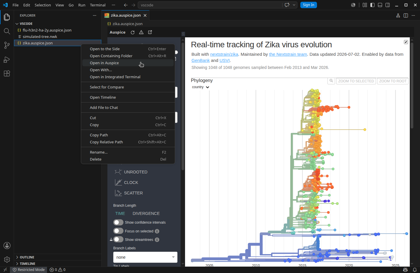 The Auspice viewer open on a Zika dataset inside VS Code, with the Explorer context menu showing "Open in Auspice".