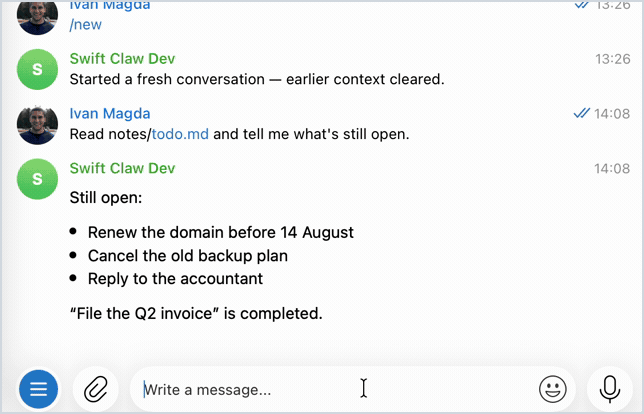 A request to write a file pauses in Telegram: the approval card shows the fully-resolved target path, the size, and a preview, with Approve and Deny buttons. The user taps Deny and clawd writes nothing.