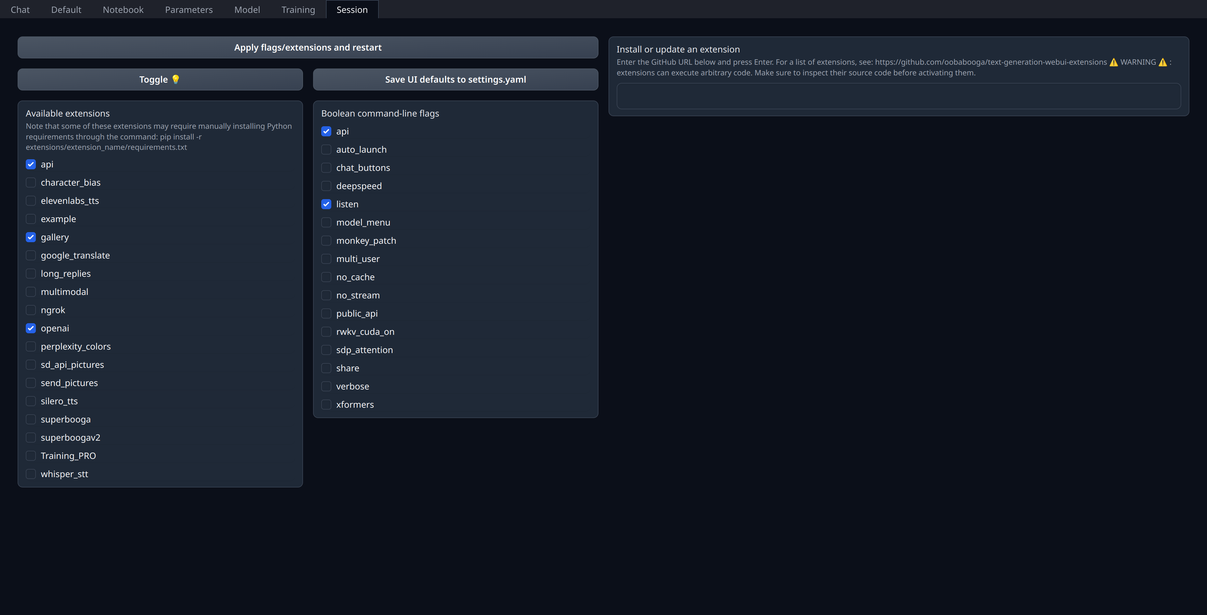 Text generation web UI screenshot