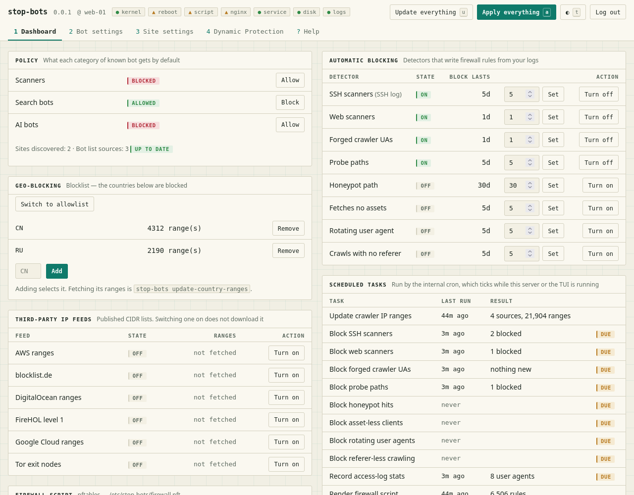 The web console's dashboard: health chips and the two host-wide buttons in the header, policy, geo-blocking and third-party feeds in one column, automatic blocking and scheduled tasks in the other