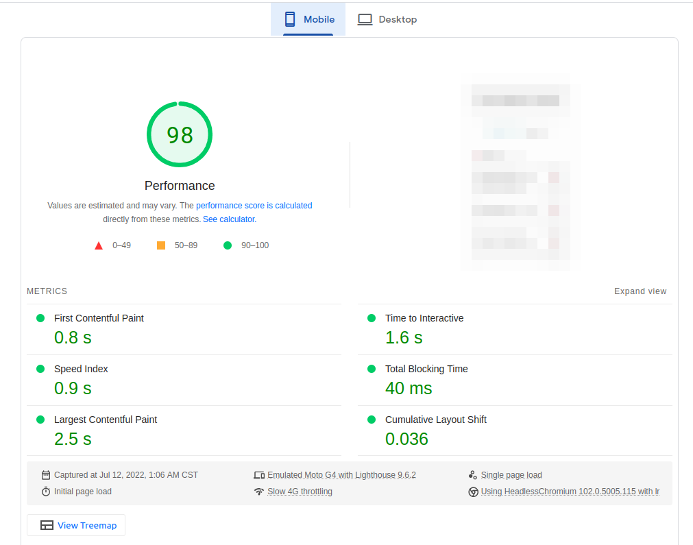 PageSpeed Insights Report for mobile version