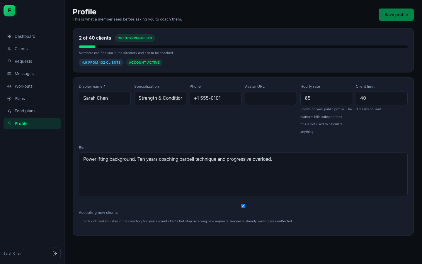 Trainer profile editor