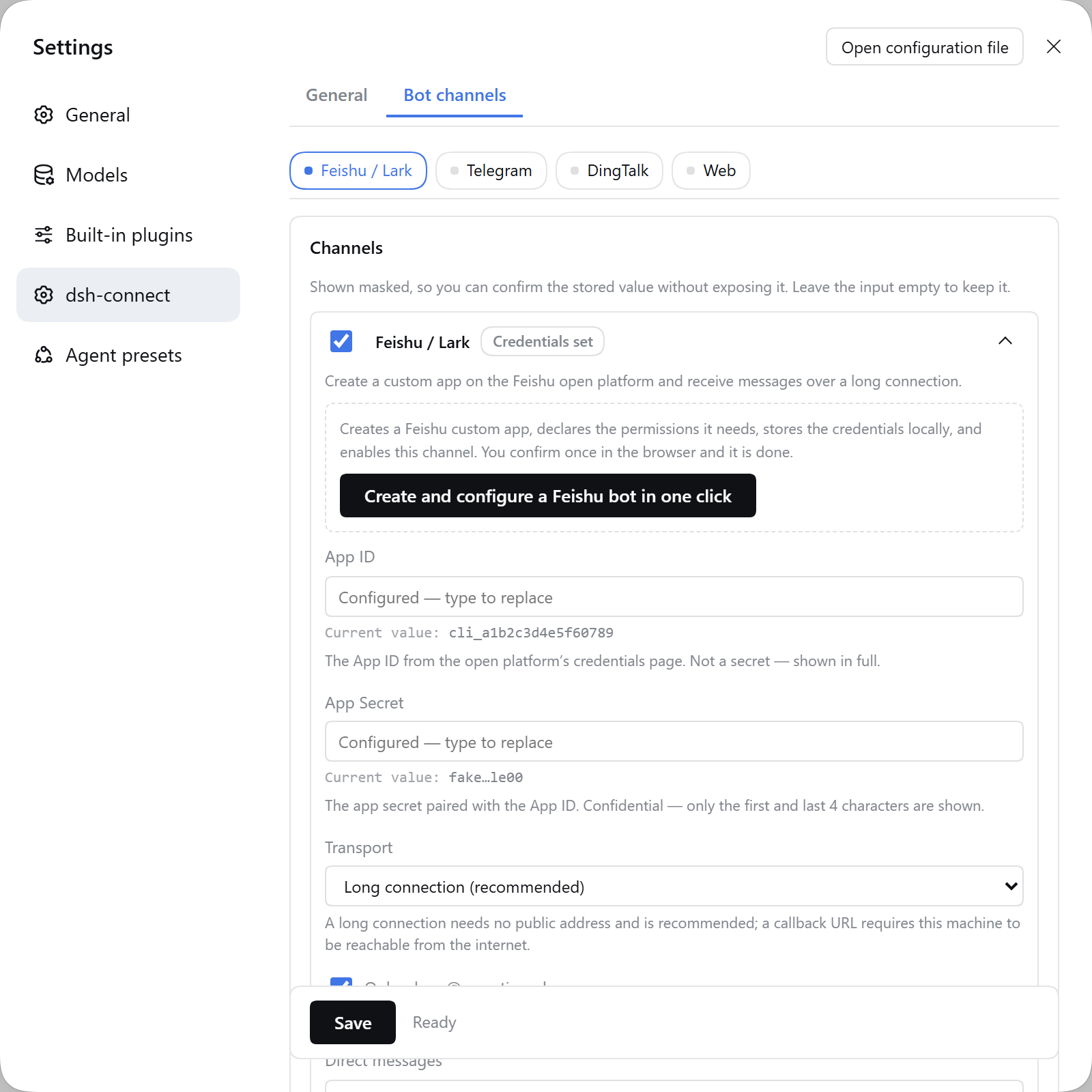 The dsh-connect settings pane: the primary navigation above the channel tab strip, the Feishu card expanded with its credential fields, and collapsed channel cards still showing credential badges