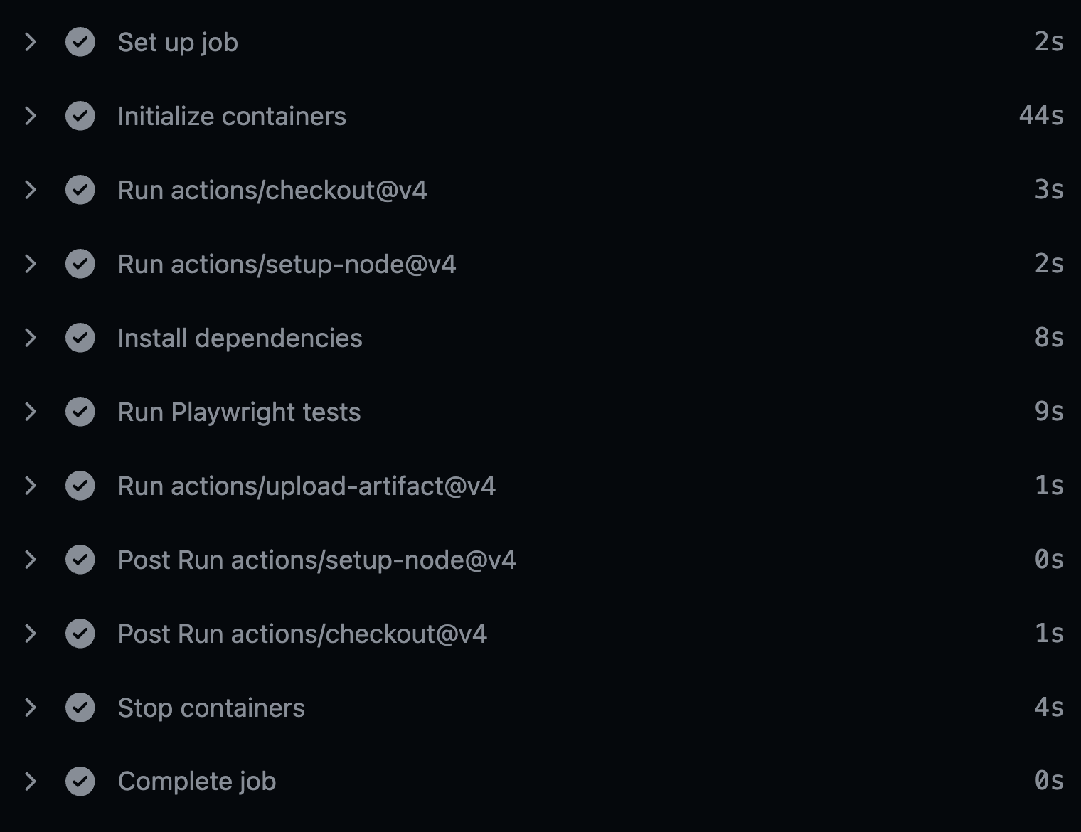 screenshot of a GitHub action run showing time spent in each step in the workflow file. "Initialise containers" runs in 44 seconds while the other steps range from 1 second to 9 seconds