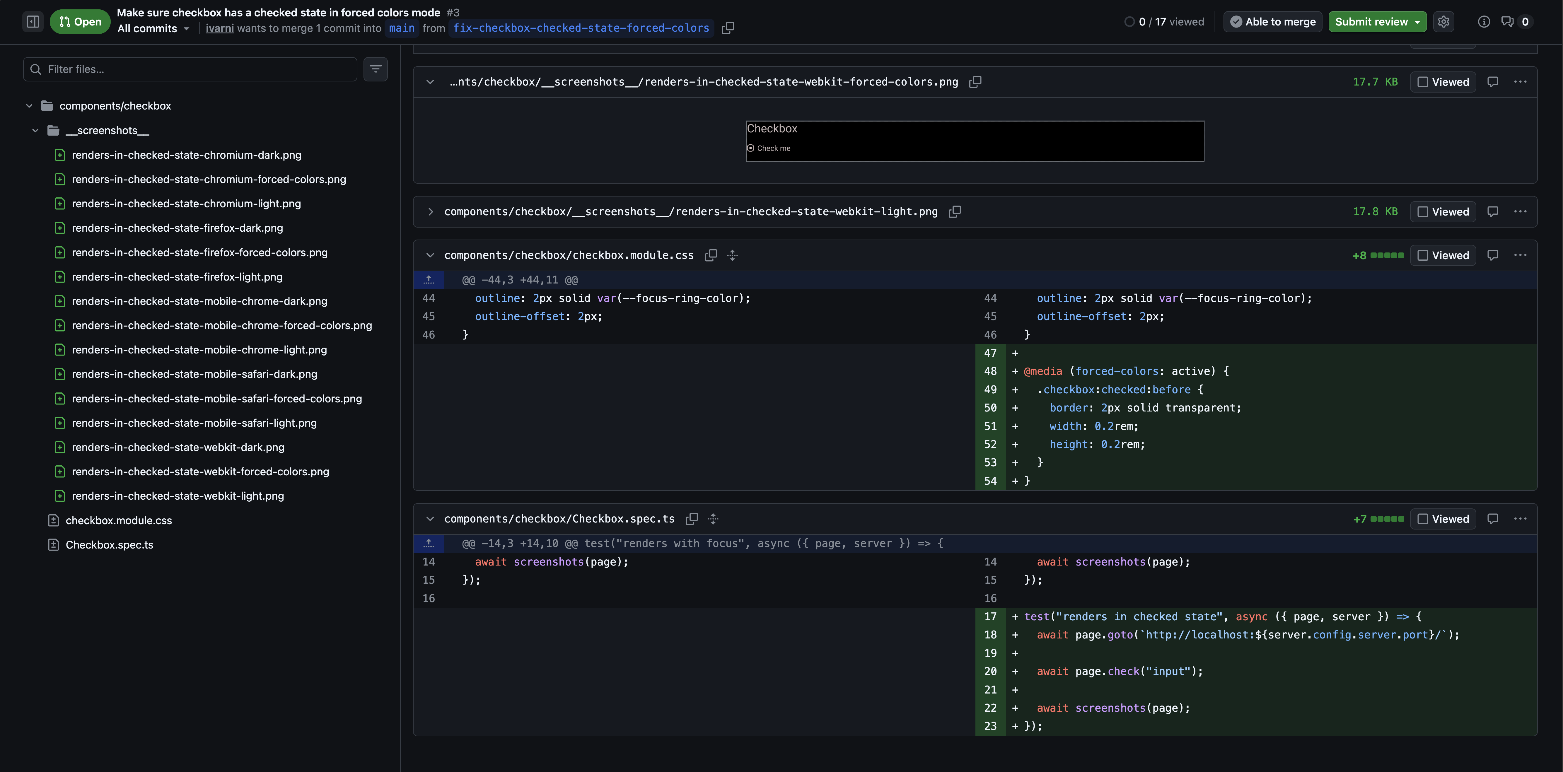 screenshot of an open Pull Request that adds a unit-test for the checked state of the checkbox component, fixes the forced-colors issue and includes new screenshots