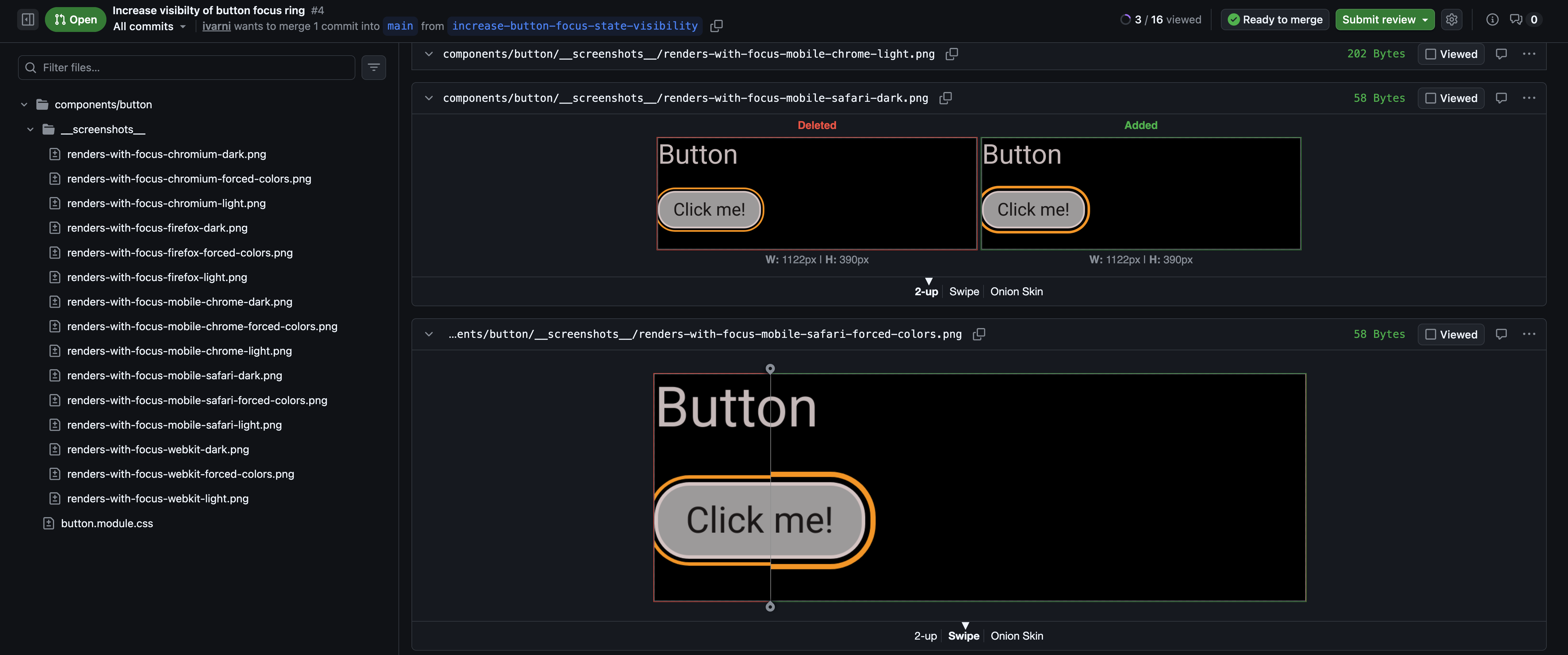 screenshot of an open Pull Request that updates the focus state of the button component and the screenshots showing this state