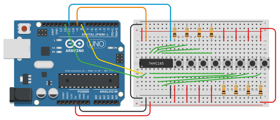 Breadboard layout for one shift register