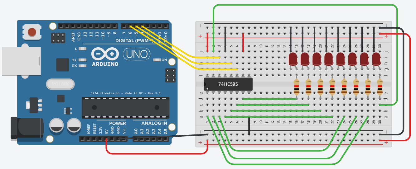 Breadboard layout for one shift register