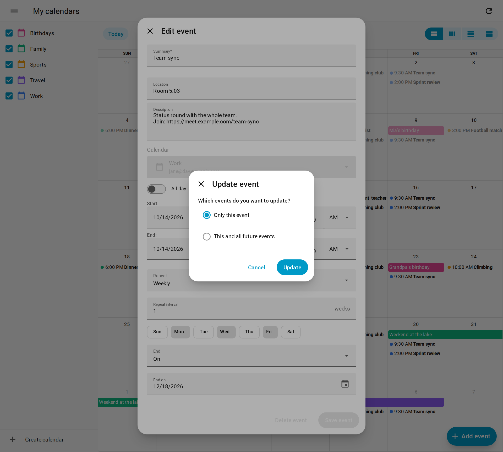 Updating one occurrence of a recurring event, over a month of calendars in their server colors