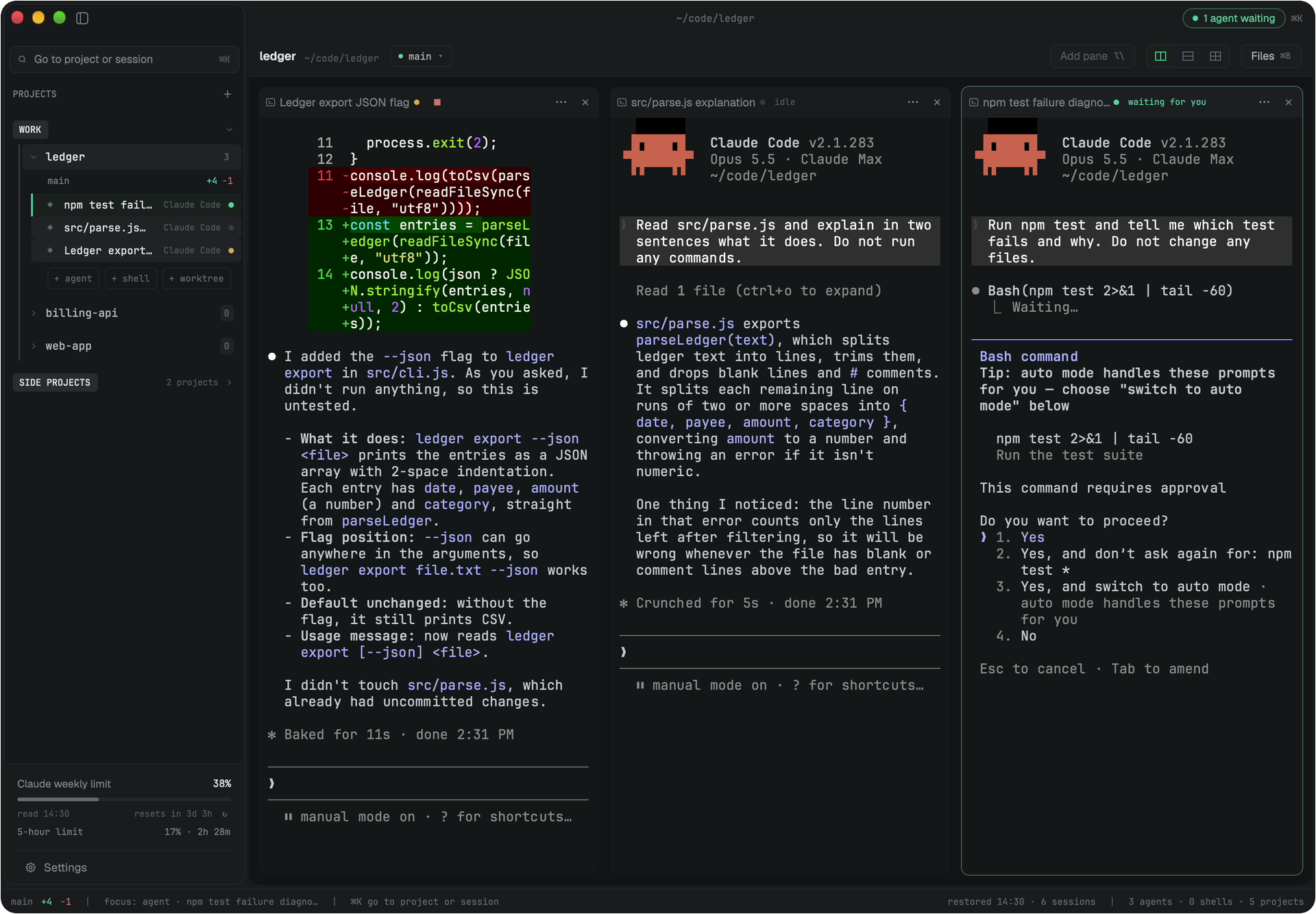 Splitlane with three Claude Code sessions in one project. The rail on the left lists them under the project, in a group named Work; the right-hand pane shows a permission prompt, its header reads 'waiting for you', and the title bar reads '1 agent waiting'.
