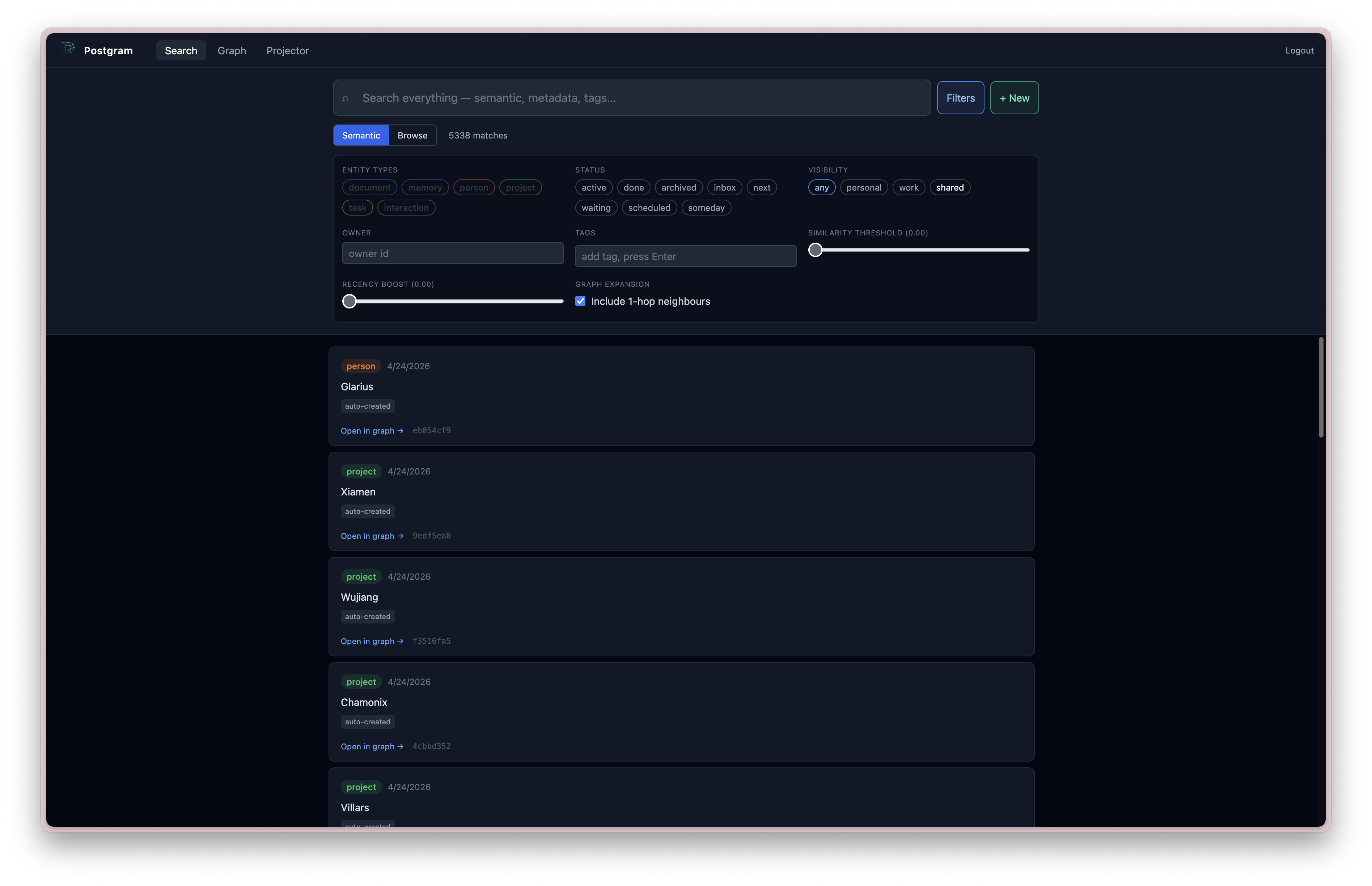 Postgram search interface showing ranked knowledge results