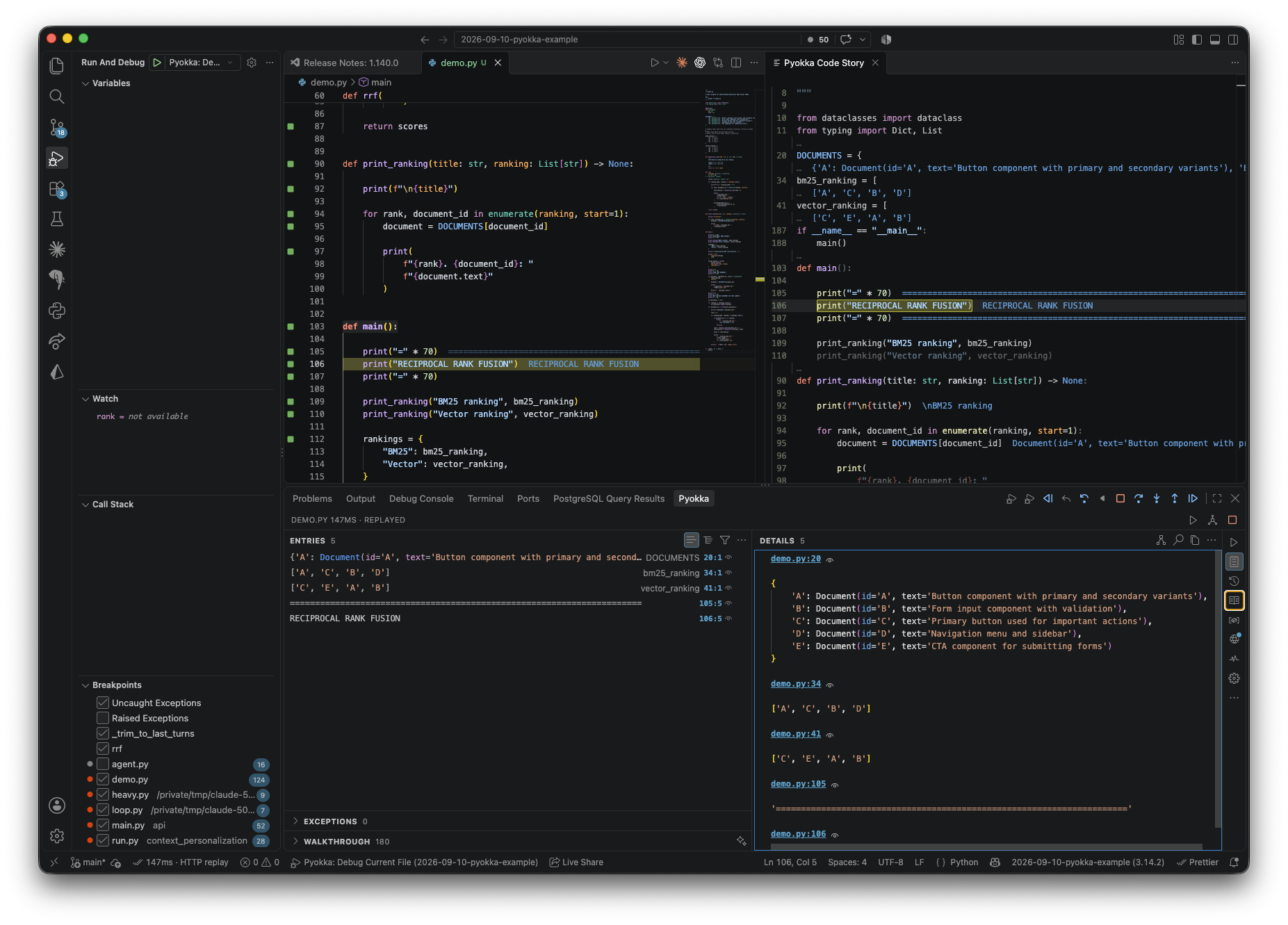 Code Story beside the source: the lines that ran, in order, with their values