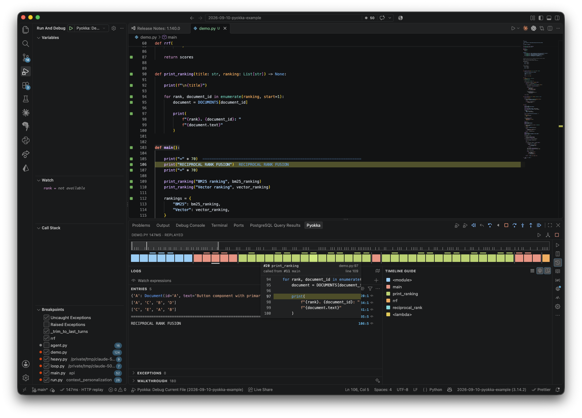 Hovering a step block previews the code at that step and who called it