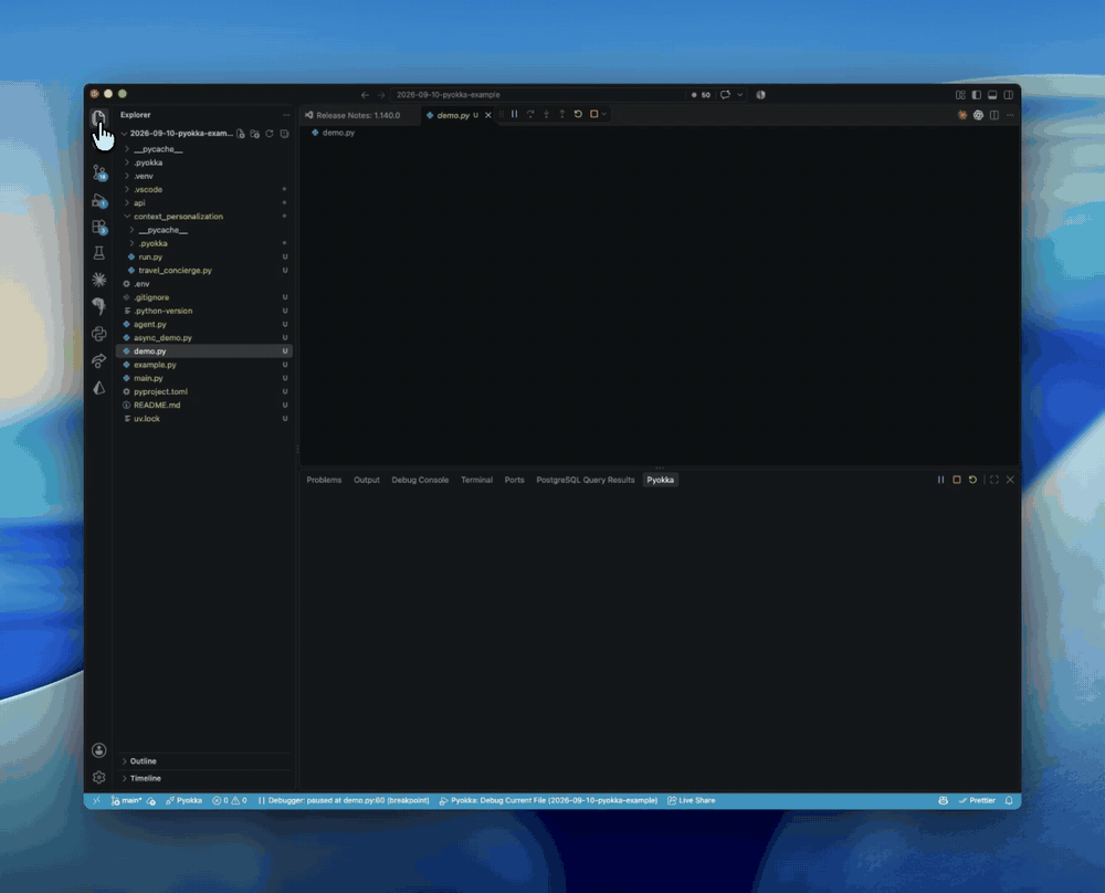 Pyokka debugger driven from a terminal, with runtime values beside the code