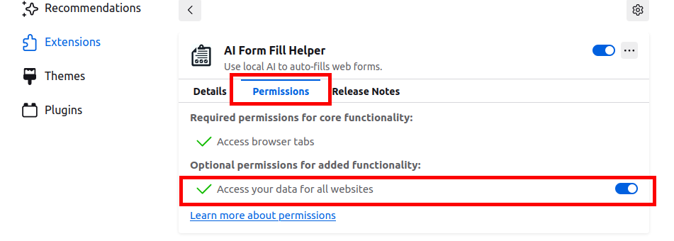 Firefox permissions