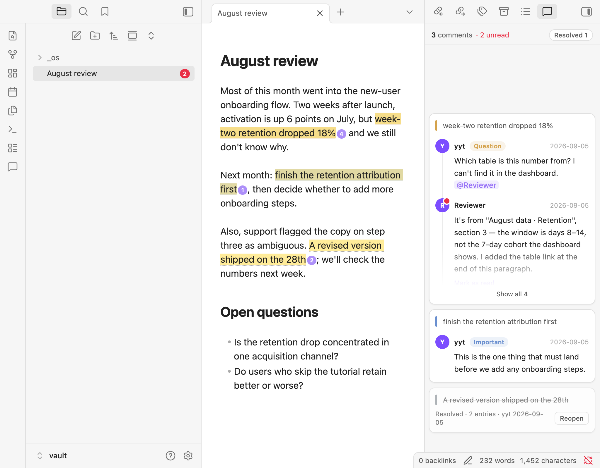 Obsidian with the comments panel: a question, the AI session's reply with an unread dot, a resolved thread, and the unread badge in the file explorer