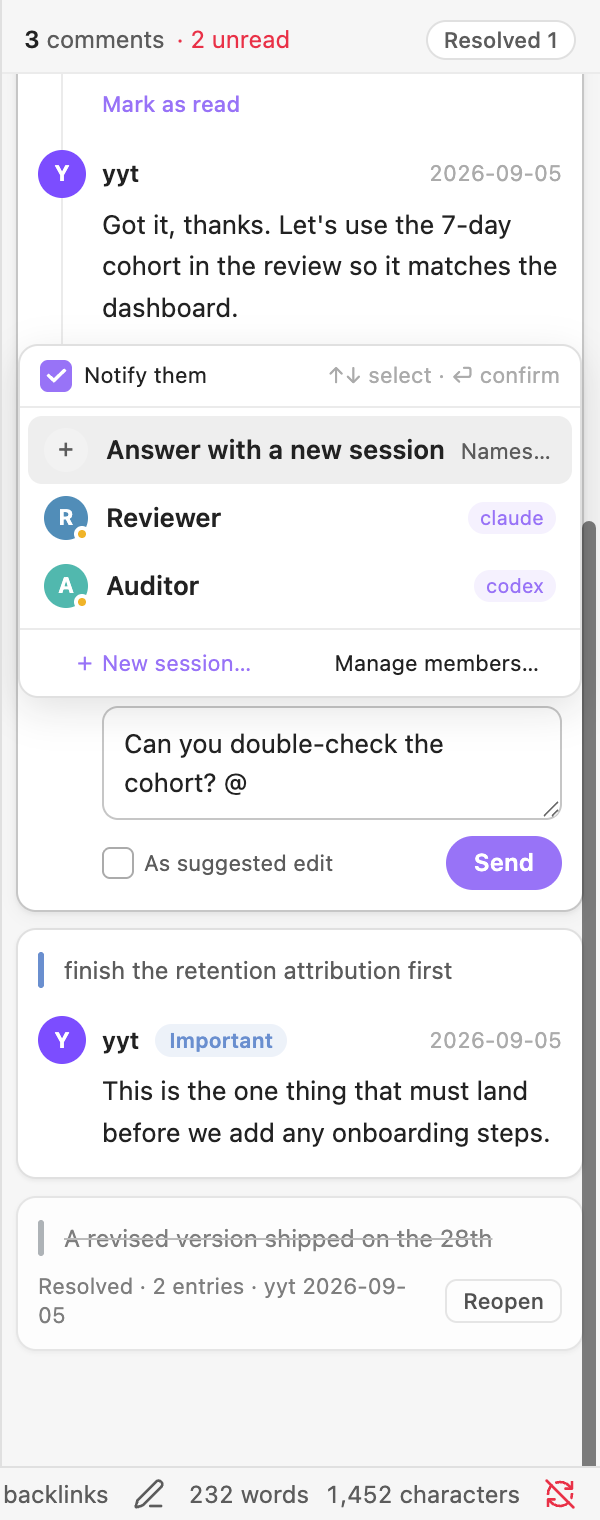 The @ picker inside a reply: answer with a new session, or pick a running one