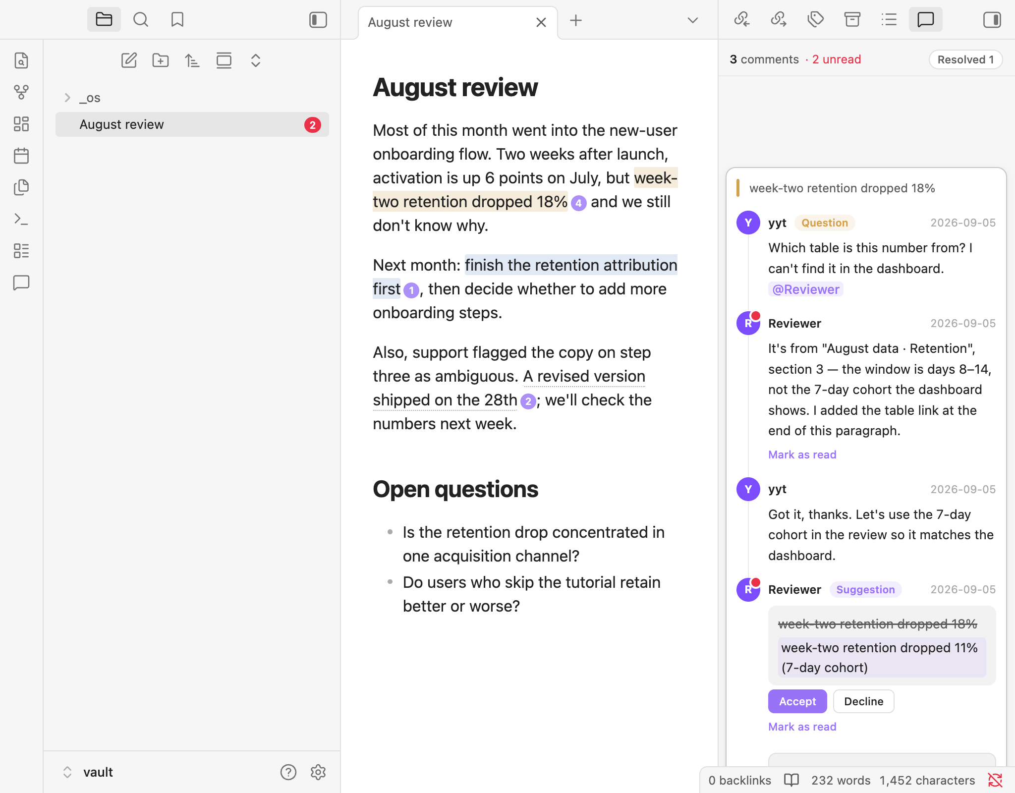 Reading view: the same highlights and badges, a suggested edit with Accept / Decline in the panel