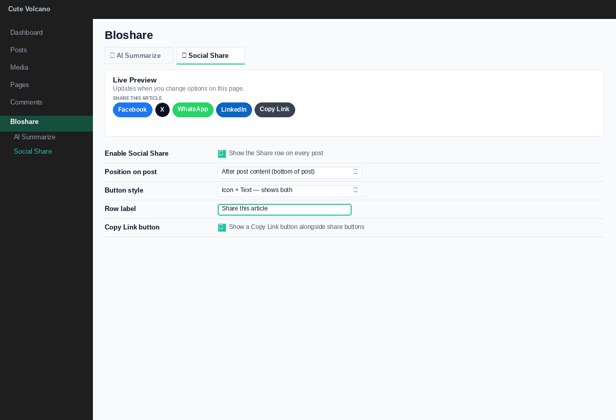 Social Share settings