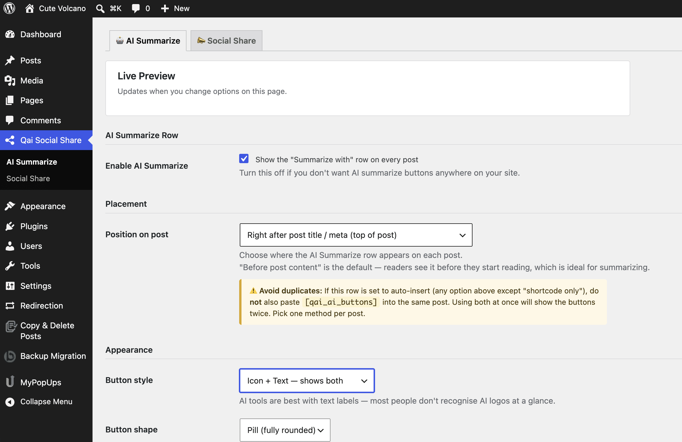 AI Summarize settings