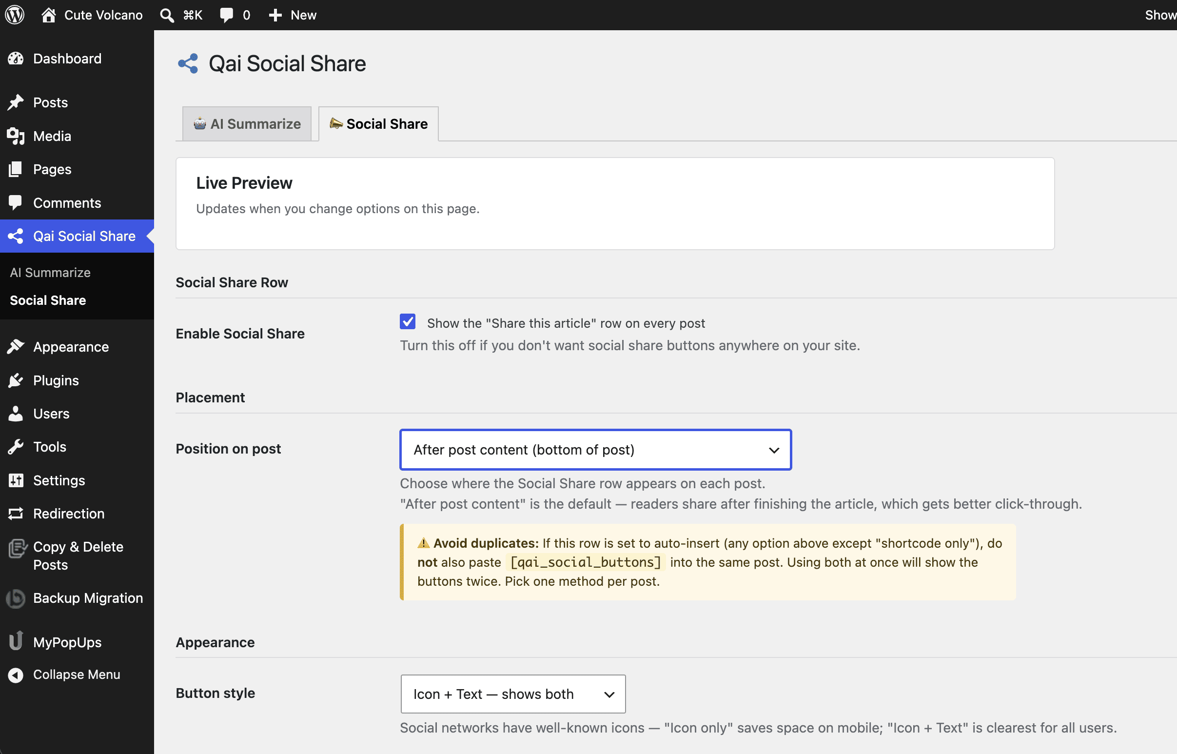 Social Share settings