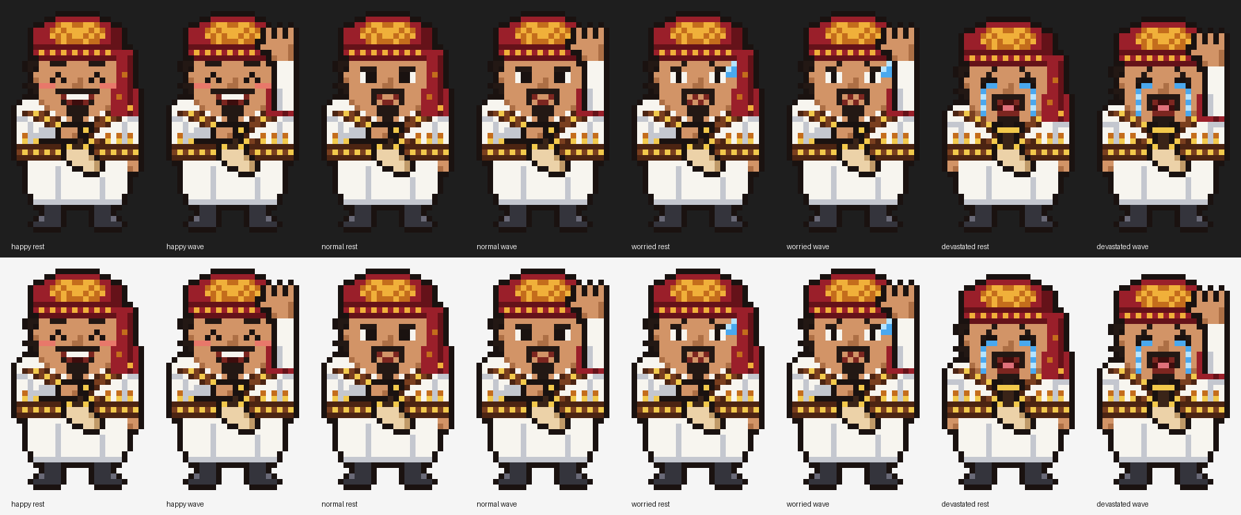 All four moods, at rest and waving