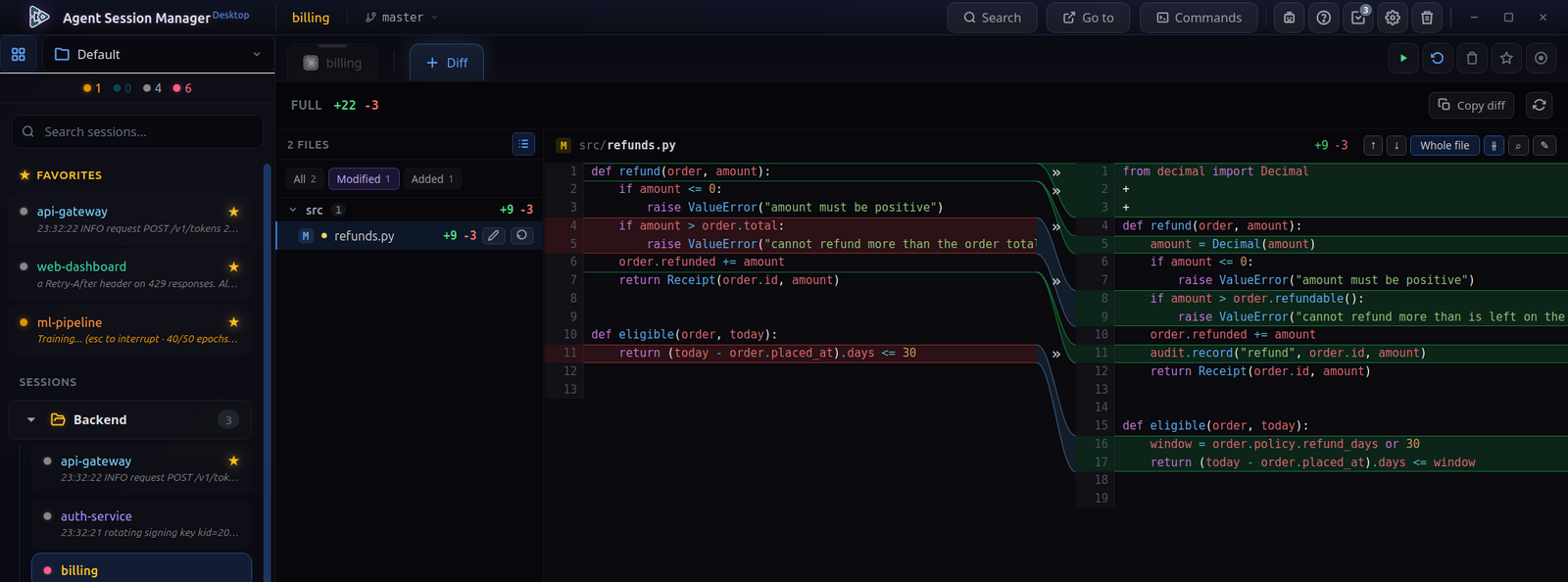 A session's changes side by side, with the file tree beside them