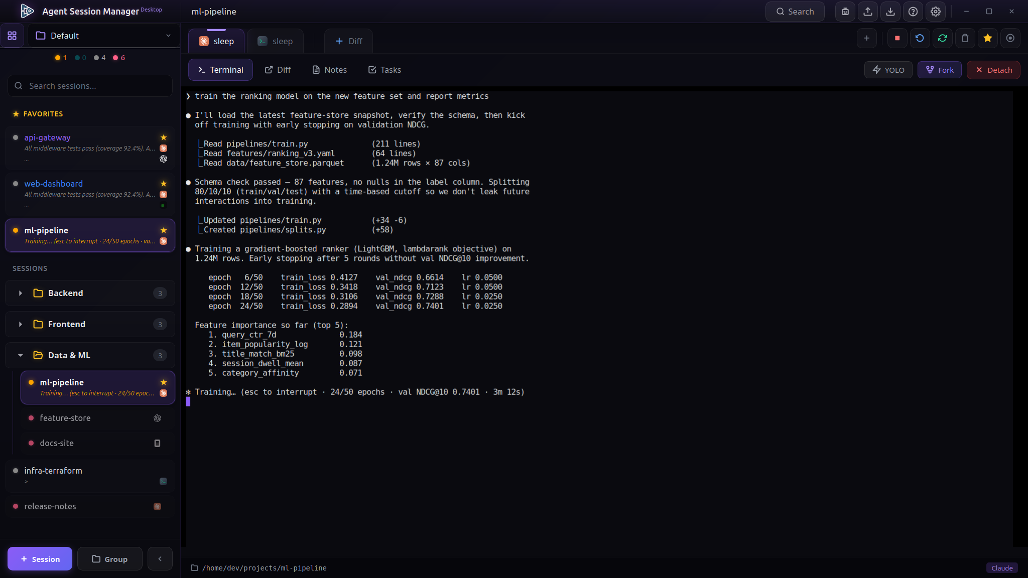 A running Claude session in Agent Session Manager Desktop