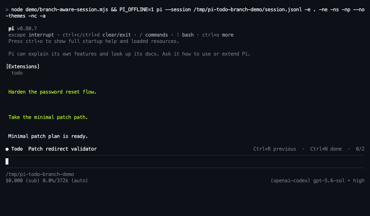 Real Pi TUI capture switching between two conversation branches and restoring each branch's distinct Todo list