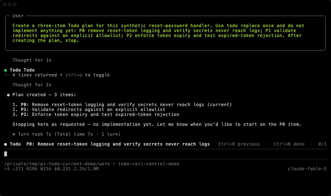 Real Pi TUI capture showing Ctrl+N completing the current task, the rail handing off to the next item, and a human using the Todo panel to redirect priority